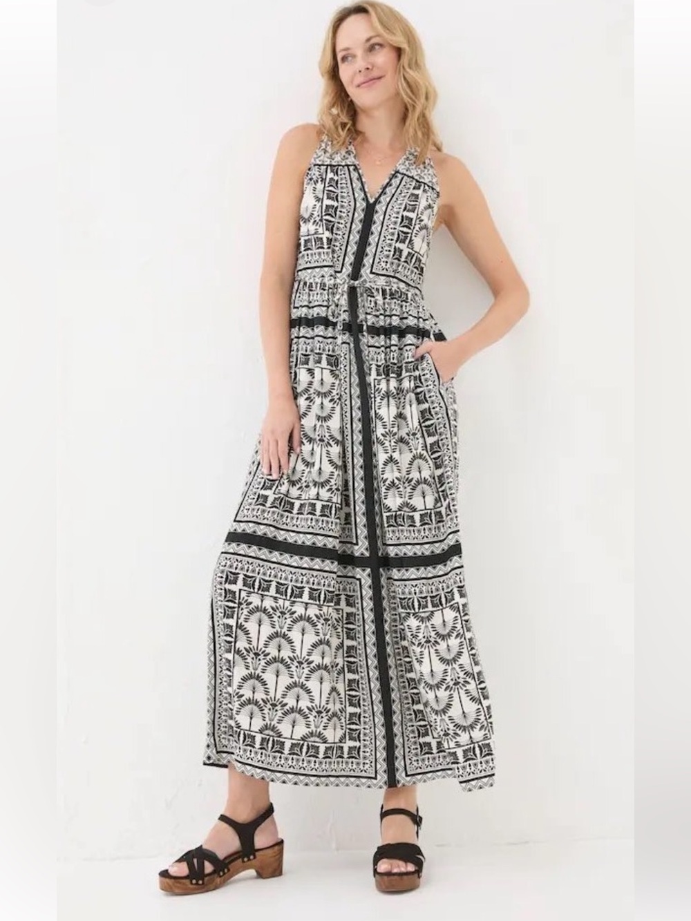 Fat Face Black & White Printed Halter Maxi Dress